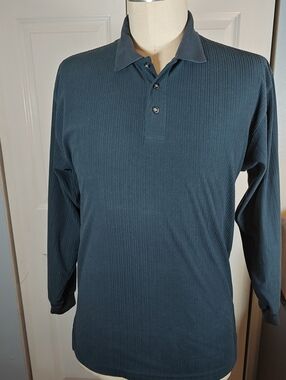 Vintage Chereskin Men Moss Green Ribbed Long Sleeve Flannel Polo Shirt Large